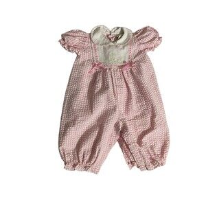 Vintage Baby Togs Girls 3-6 Months Romper Long Jumpsuit Pink Embroidered RARE